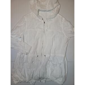 Eileen Fisher White Full Zip Irish Linen Anorak Style Hood Jacket Sz L Nautical